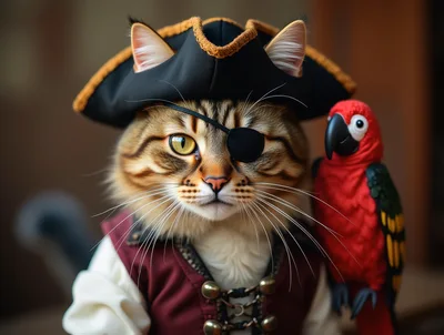 Cat Dressed As A Pirate With A Parrot