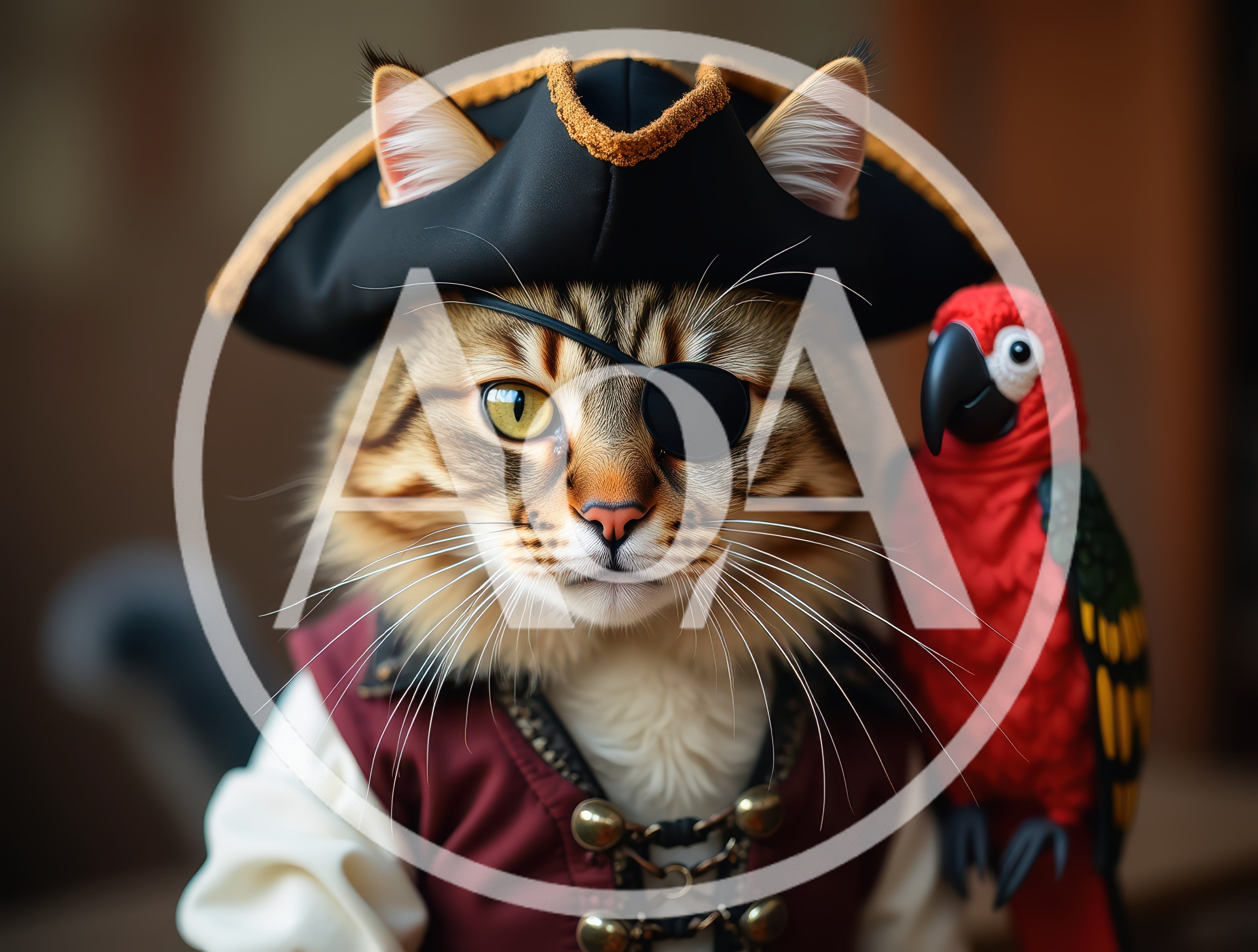 Cat Dressed As A Pirate With A Parrot