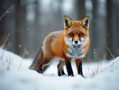 Red Fox Standing In Snowy Forest