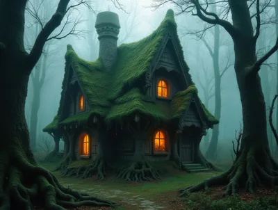 Enchanted Mossy Cottage In A Misty Forest