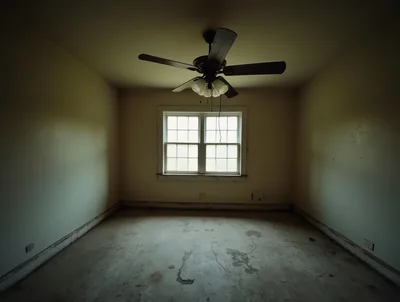 Empty Dilapidated Room With Ceiling Fan And Window