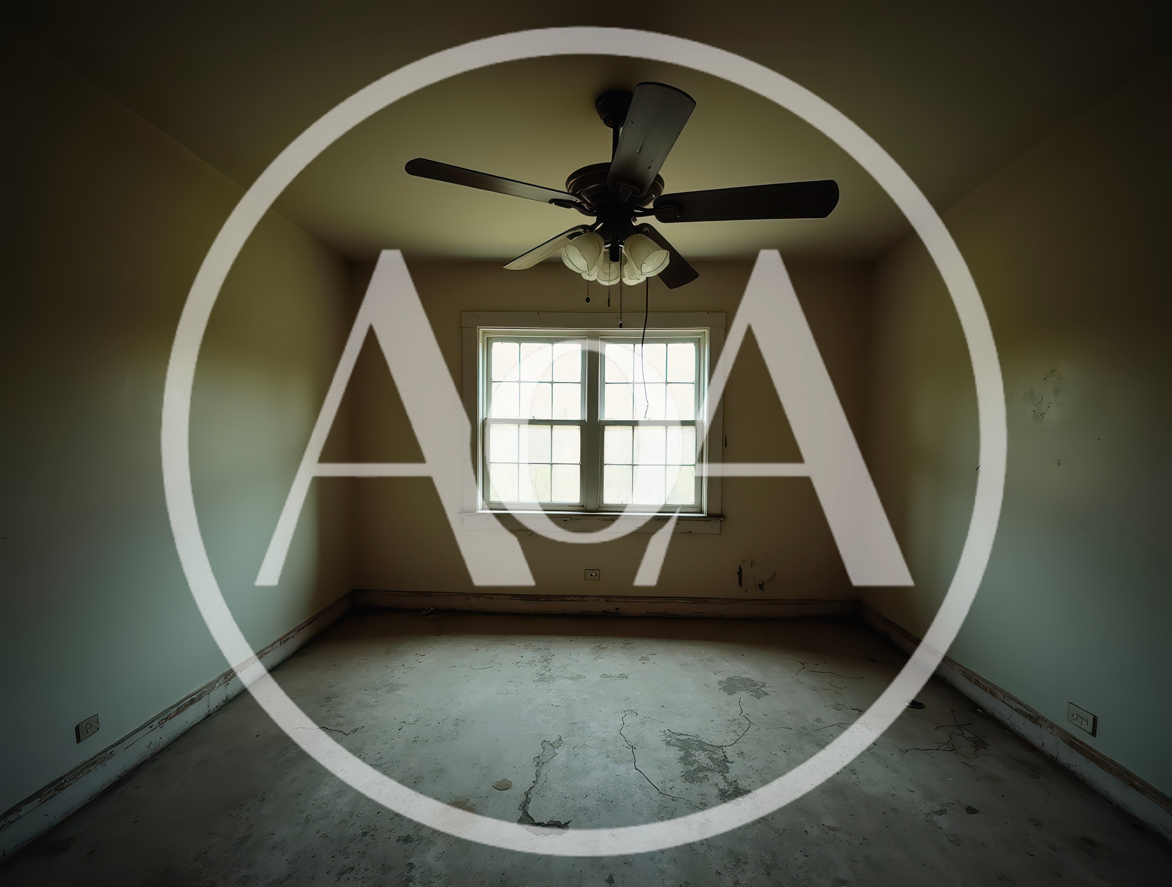 Empty Dilapidated Room With Ceiling Fan And Window