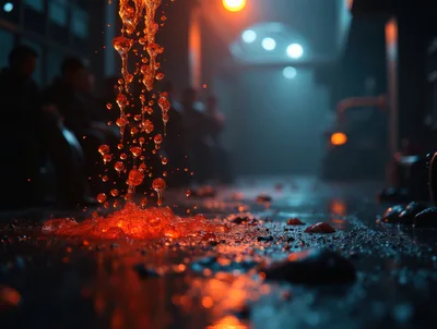 Molten Lava Dripping Onto Dark Industrial Floor
