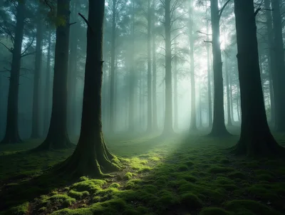 Sunlight Piercing Through Foggy Mossy Forest