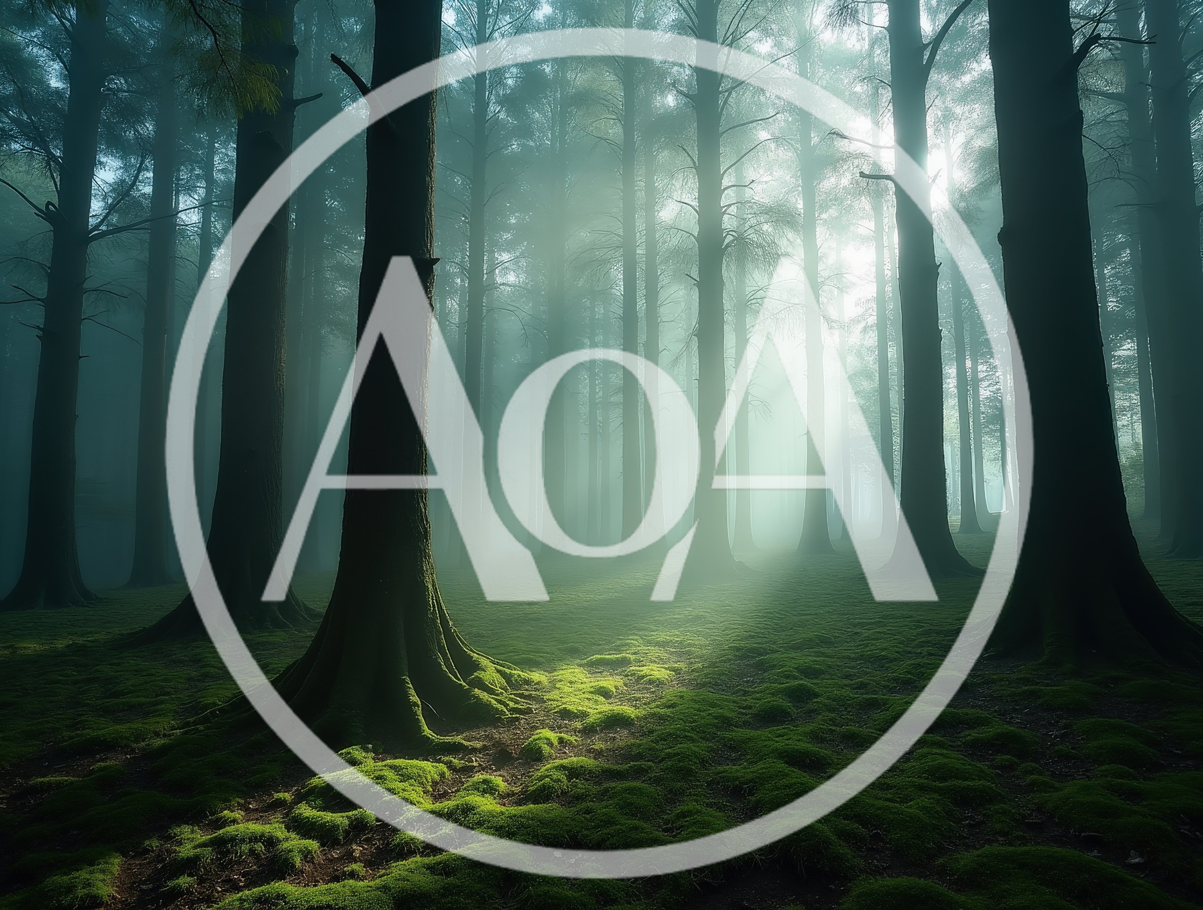 Sunlight Piercing Through Foggy Mossy Forest