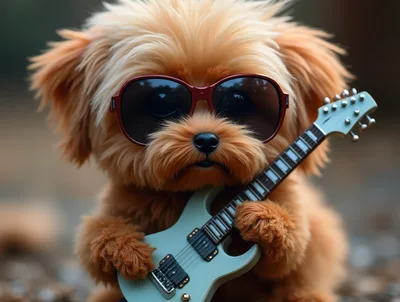 Cute Fluffy Puppy Wearing Sunglasses Playing Electric Guitar
