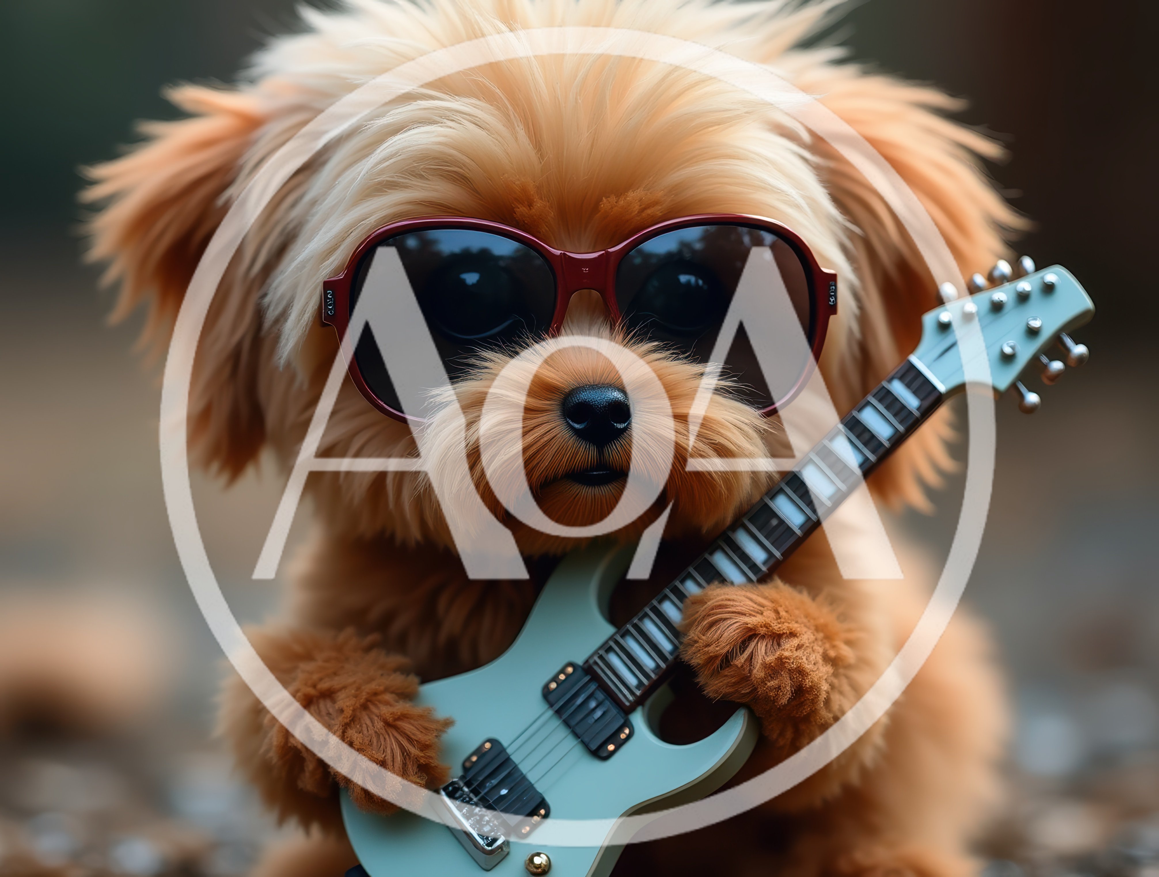 Cute Fluffy Puppy Wearing Sunglasses Playing Electric Guitar