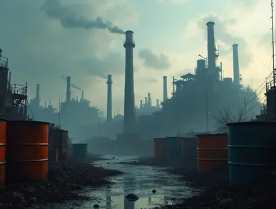Industrial Factory Complex With Polluted River And Barrels