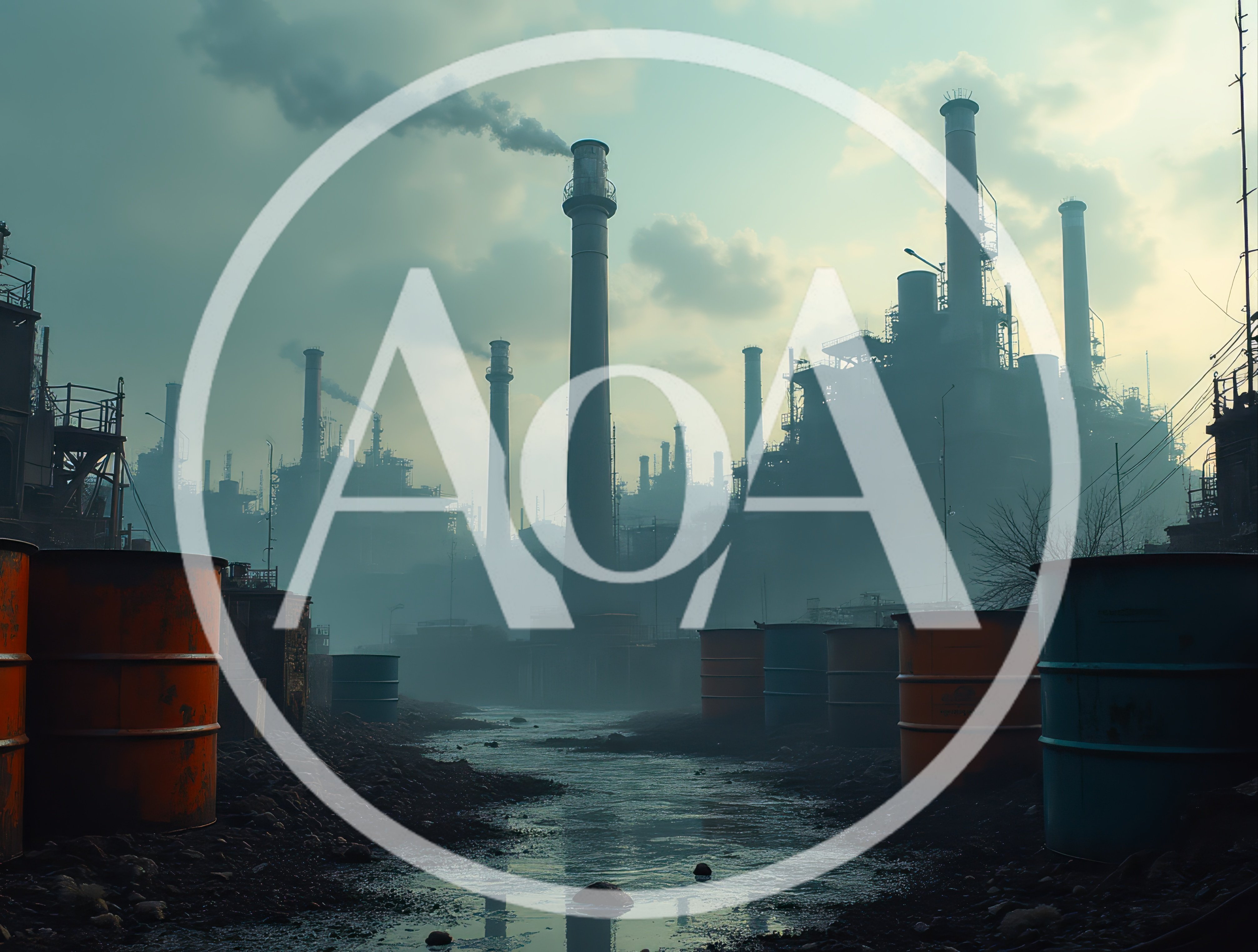 Industrial Factory Complex With Polluted River And Barrels
