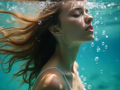Young Woman Swimming Underwater With Flowing Hair
