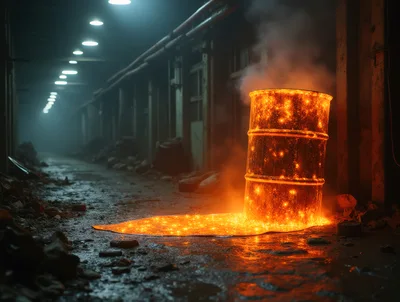 Glowing Molten Metal Leaking From Industrial Steel Barrel