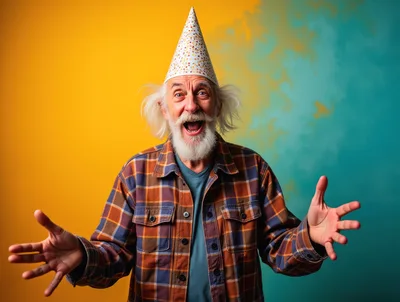 Excited Elderly Man Wearing A Party Hat