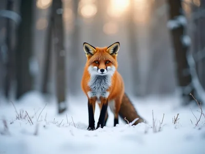 Red Fox Standing In Snowy Forest