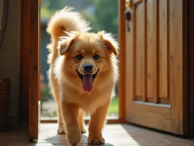 Happy Golden Puppy Walking Through An Open Doorway