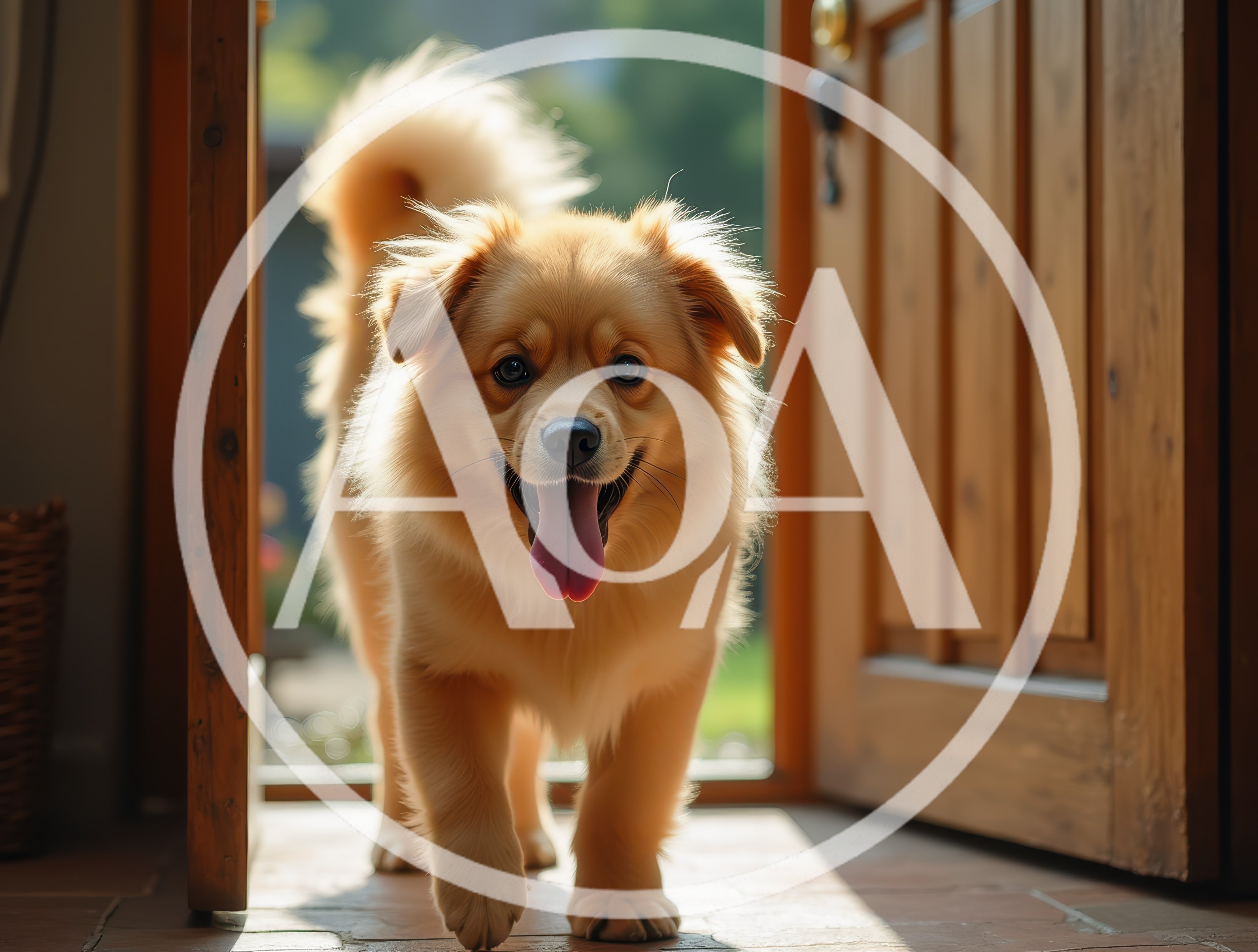 Happy Golden Puppy Walking Through An Open Doorway