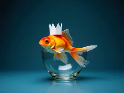 Goldfish Wearing A Paper Crown In A Glass Bowl