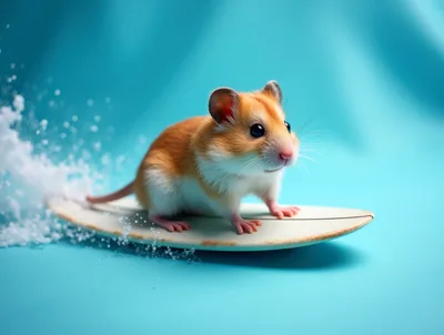 Cute Hamster Surfing On A Miniature Surfboard
