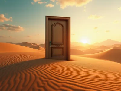 Standalone Wooden Door Standing In Vast Desert Landscape