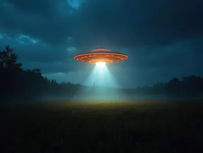 Glowing UFO Hovering Over A Dark Misty Field