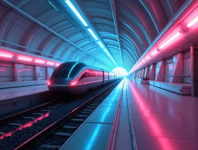 Futuristic High Speed Train In Neon Subway Station