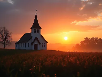 Small White Church Standing In A Misty Field At Sunset