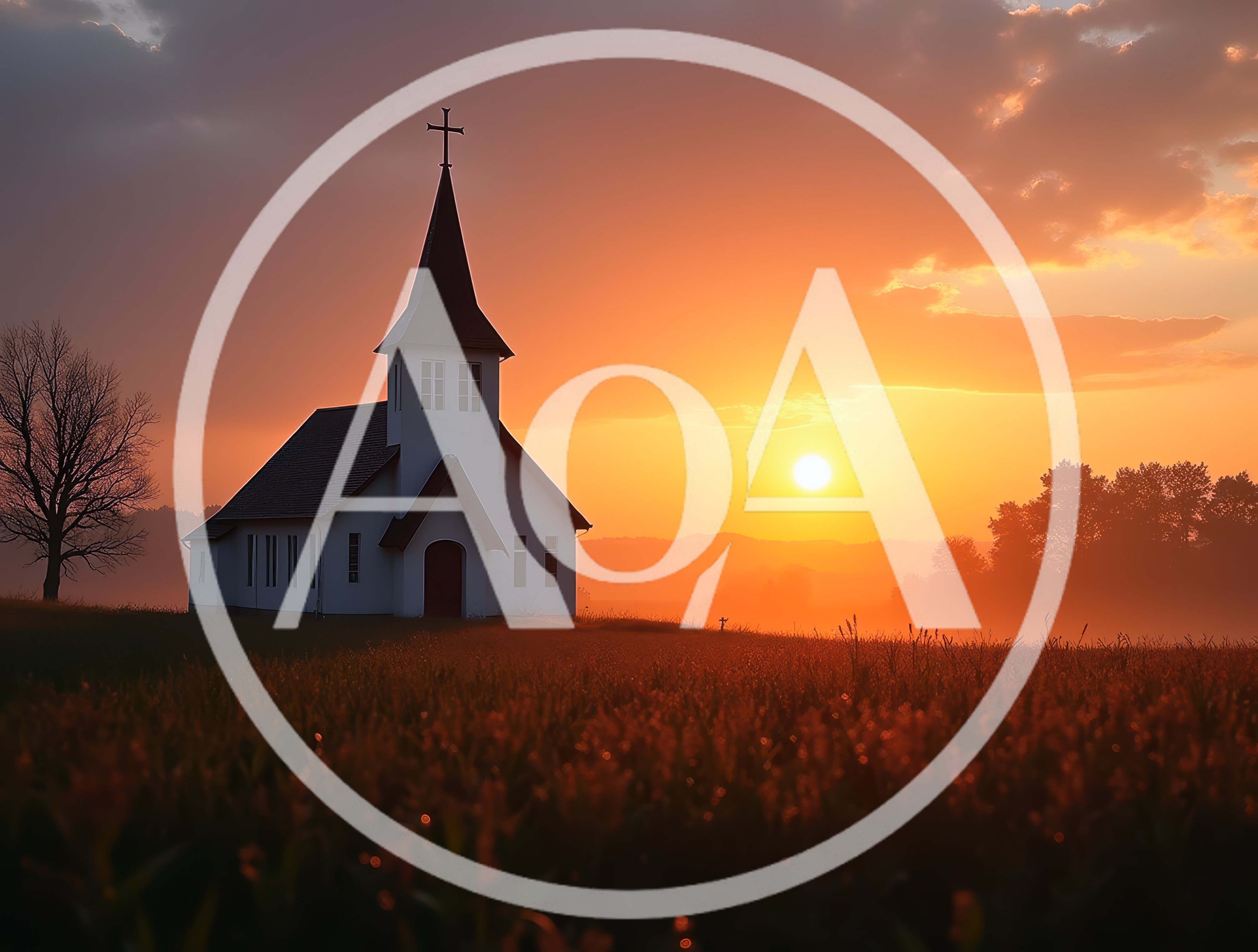 Small White Church Standing In A Misty Field At Sunset