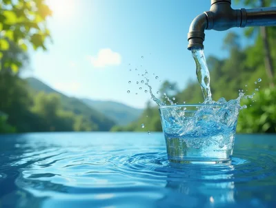 Fresh Water Pouring Into A Glass Outdoors