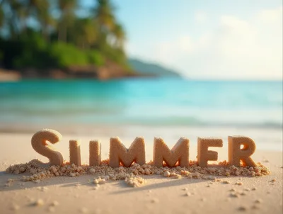 Summer Text Sculpted In Sand On Tropical Beach
