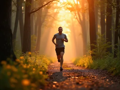 Man Running Through A Sunlit Forest Path