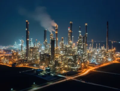 Aerial View Of A Large Industrial Oil Refinery At Night