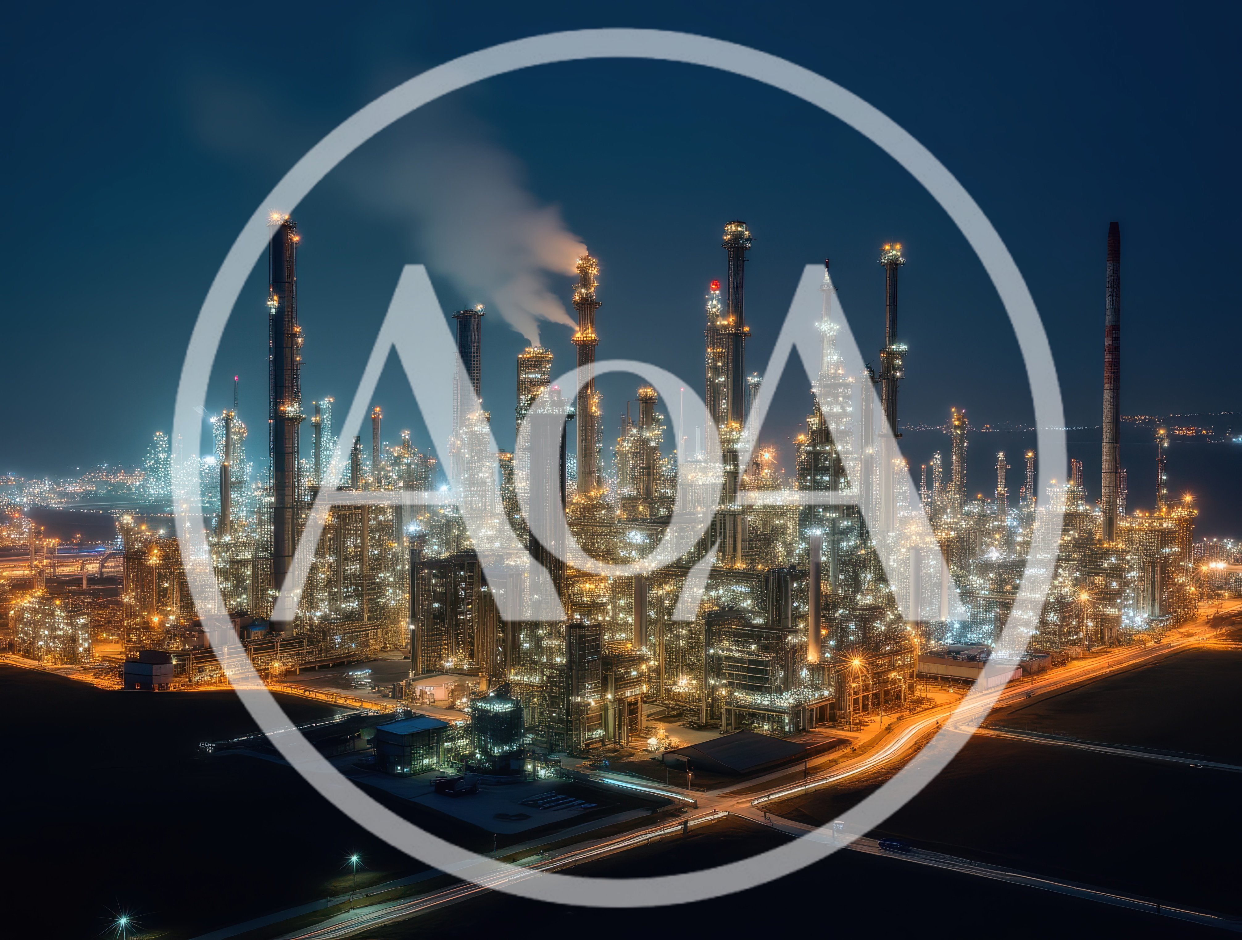 Aerial View Of A Large Industrial Oil Refinery At Night
