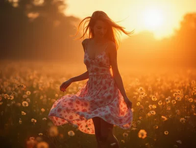 Young Woman Dancing In A Sunlit Meadow