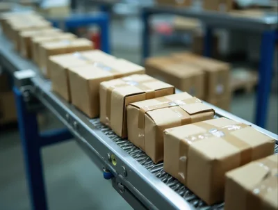 Cardboard Packages Moving Along An Automated Conveyor Belt
