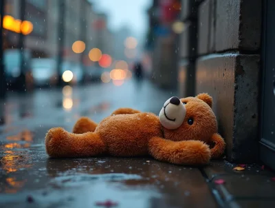 Lost Teddy Bear Lying On A Wet City Sidewalk