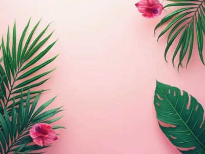 Tropical Palm Leaves and Hibiscus Flowers on Pink Background