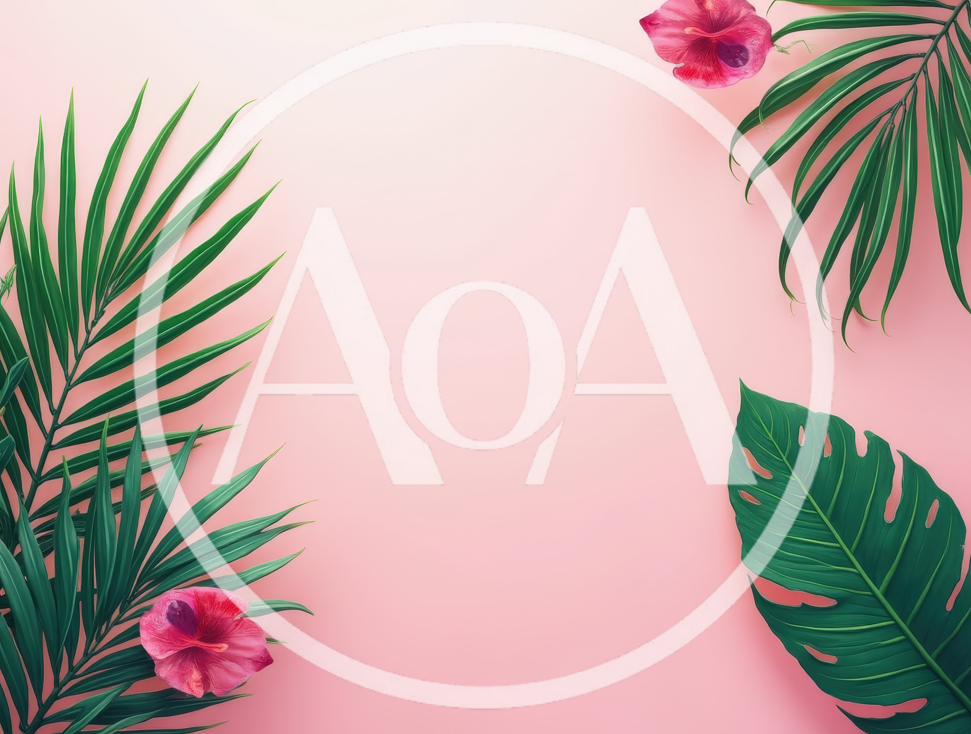 Tropical Palm Leaves and Hibiscus Flowers on Pink Background