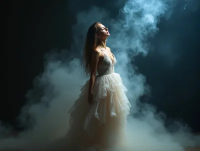 Elegant Woman In A Flowing Wedding Dress Amidst Smoke