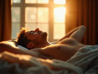 Young Man Relaxing In Bed During Golden Hour
