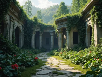 Overgrown Ancient Stone Ruins With Lush Garden Path