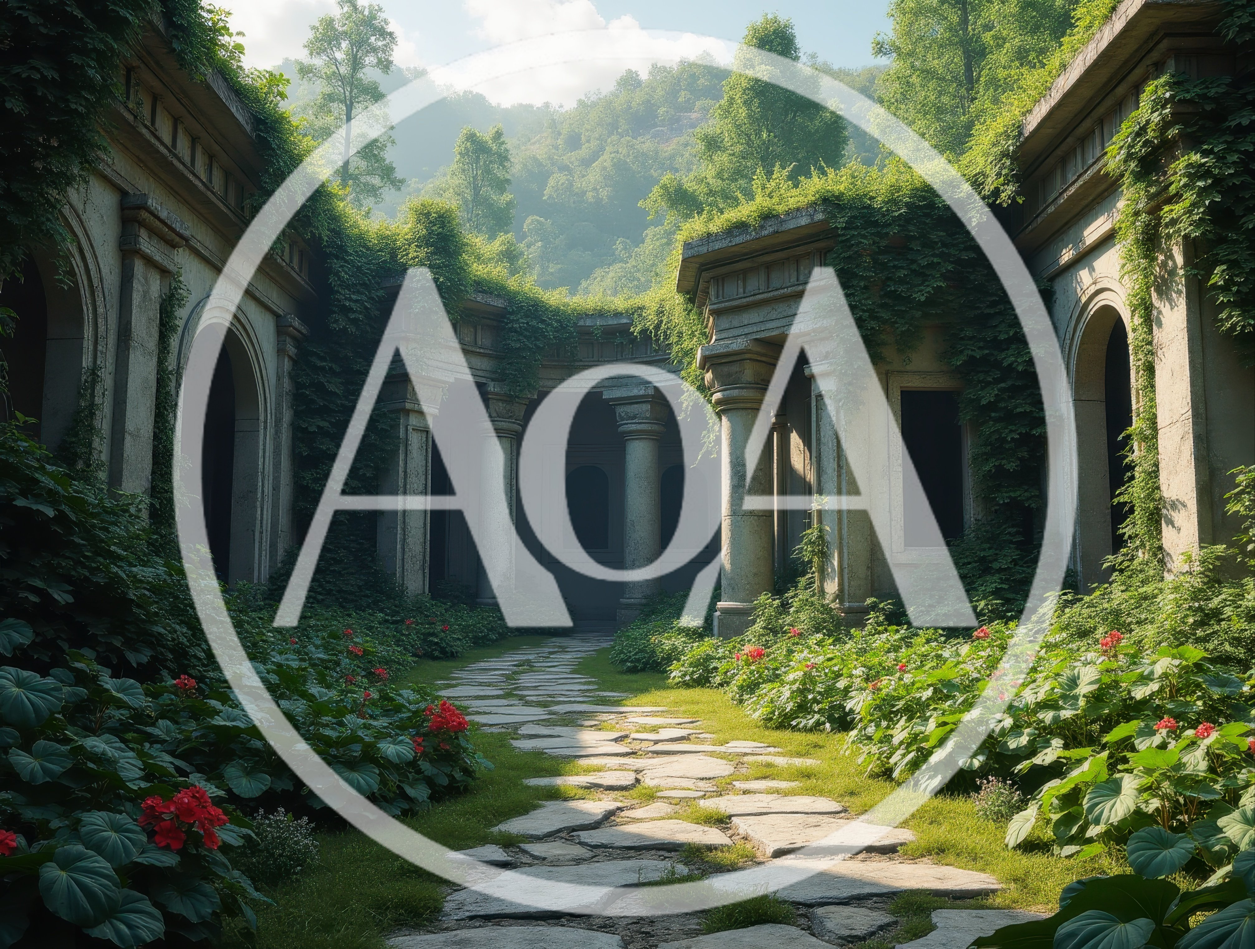 Overgrown Ancient Stone Ruins With Lush Garden Path