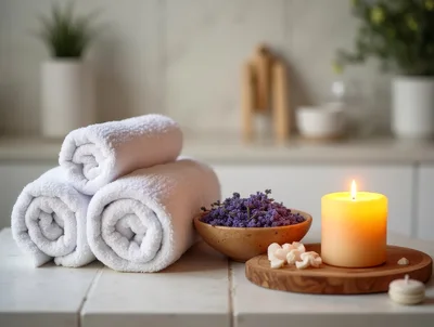 Spa Relaxation Setup With Towels And Lavender