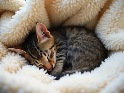 Sleeping Tabby Kitten Curled Up In A Soft Blanket