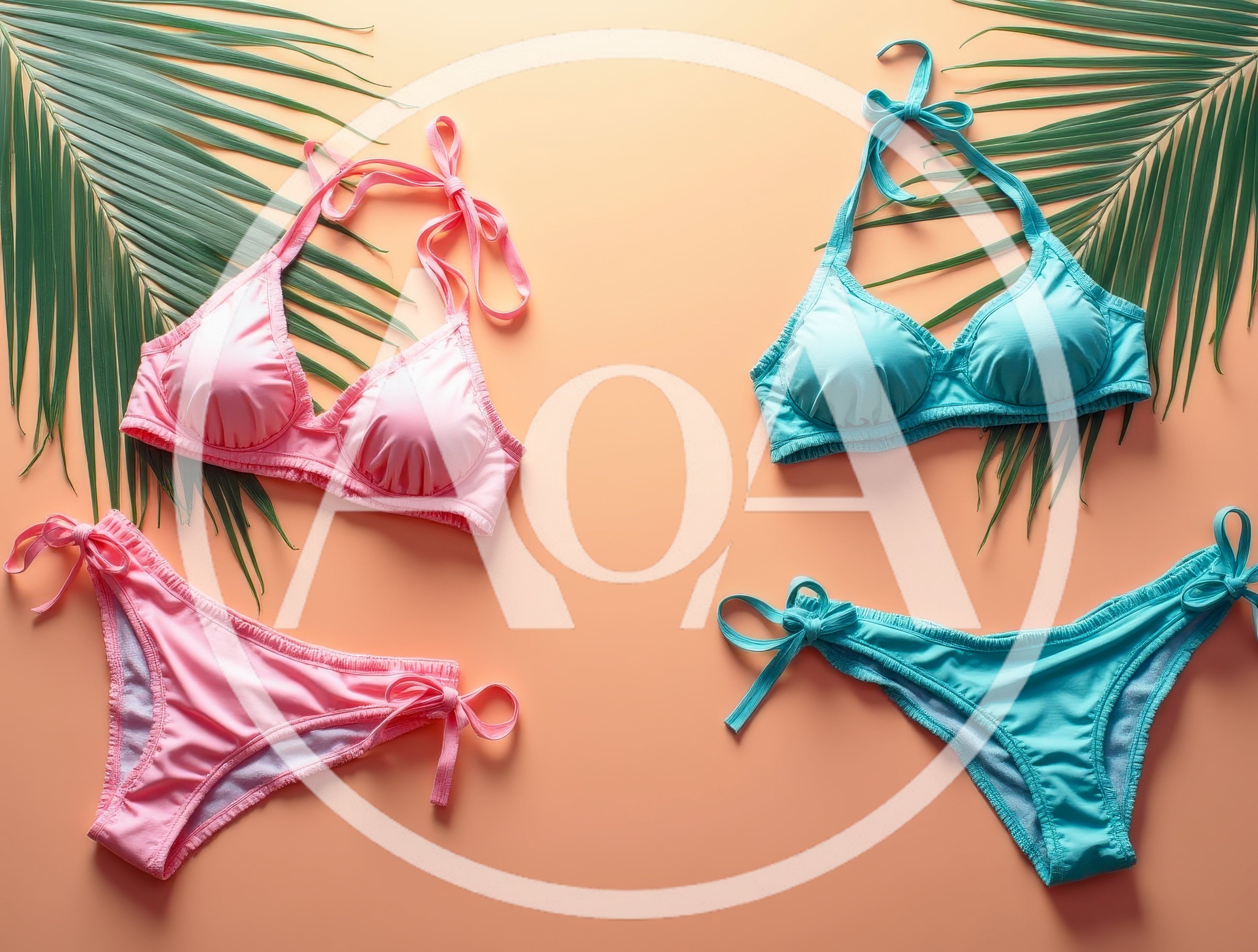 Pink and Blue Bikini Sets on Tropical Background