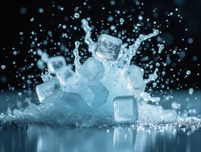 Ice Cubes Splashing Into Water With Dynamic Droplets