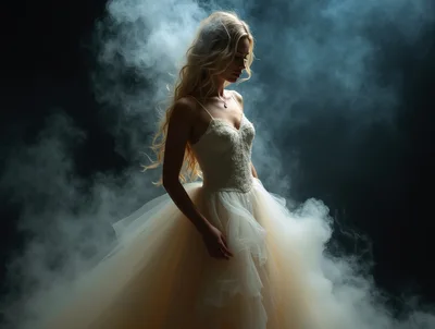 Elegant Blonde Bride In White Wedding Dress Amidst Smoke