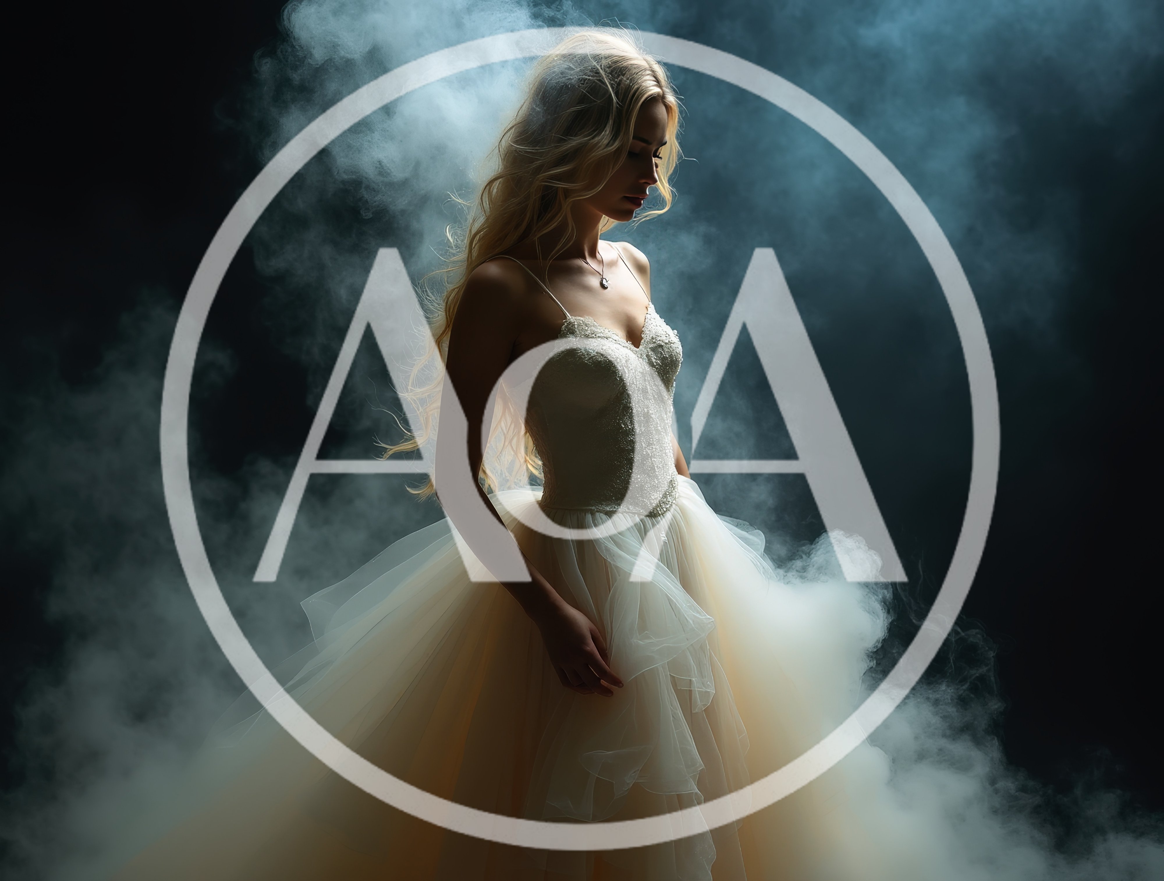 Elegant Blonde Bride In White Wedding Dress Amidst Smoke