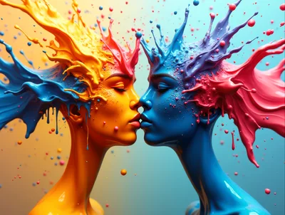 Two Abstract Human Faces Kissing With Liquid Paint Splashes