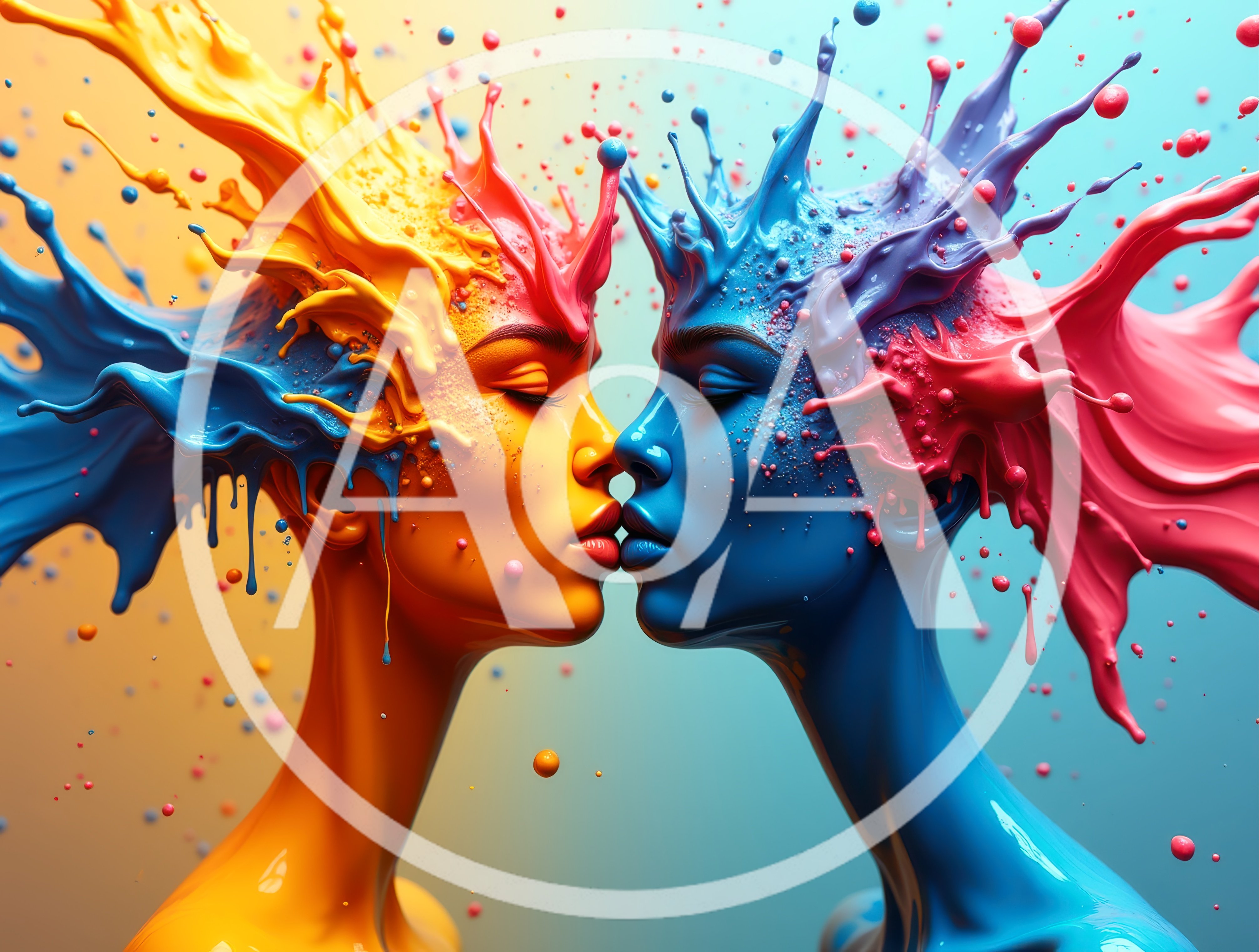 Two Abstract Human Faces Kissing With Liquid Paint Splashes