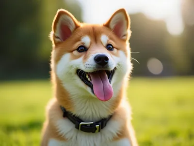 Happy Shiba Inu Puppy Sitting Outdoors