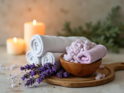 Spa Relaxation Setting With Lavender And Bath Salts